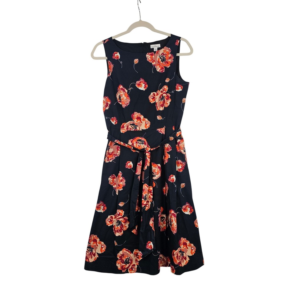 L.L. Bean Signature Poppy Floral Fit Flare Dress Navy Orange Cotton Belted 6‎